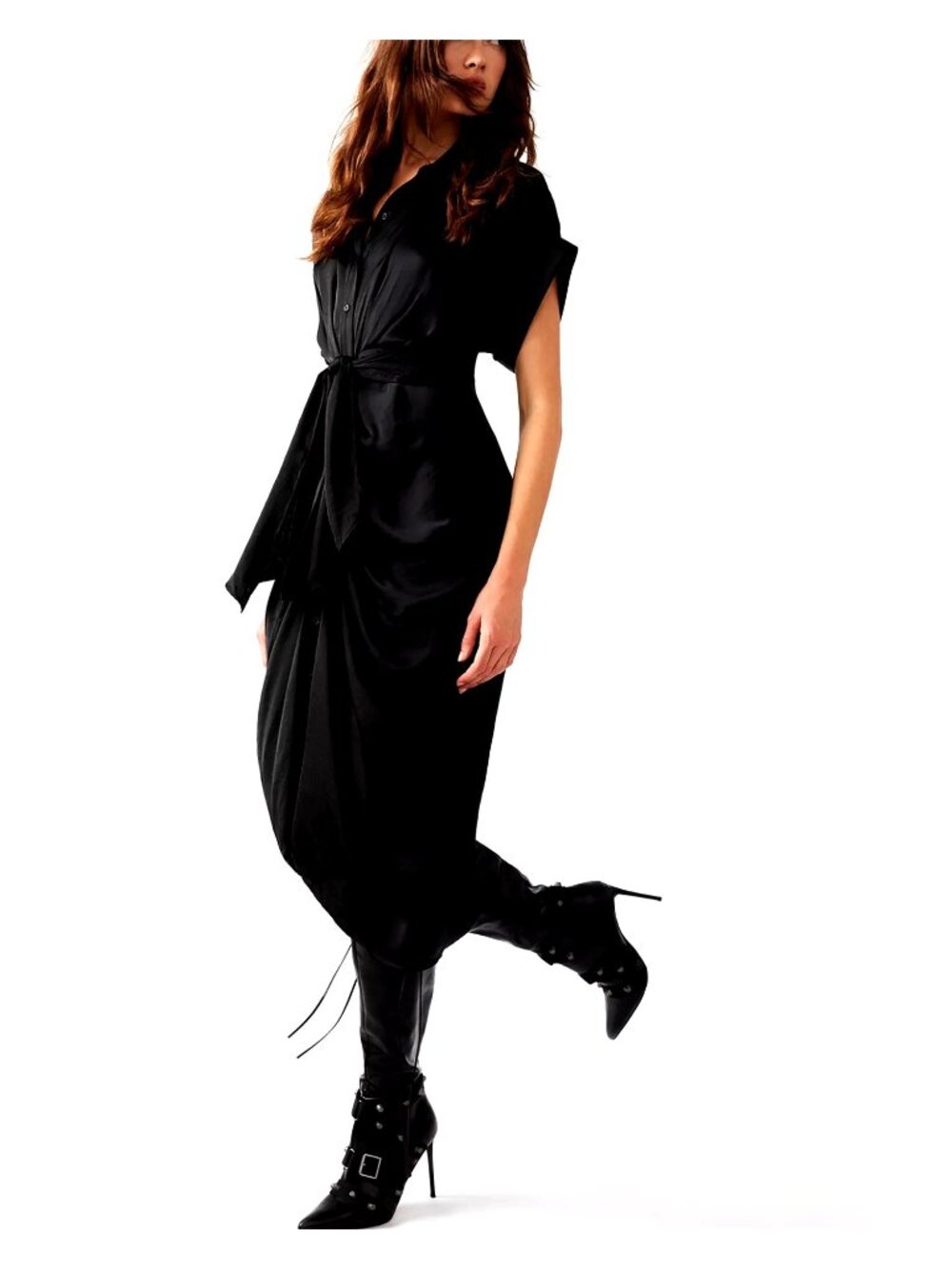 Steve Madden Button-Down Black Midi Dress With Draped Front & Tie Waist - Sophis